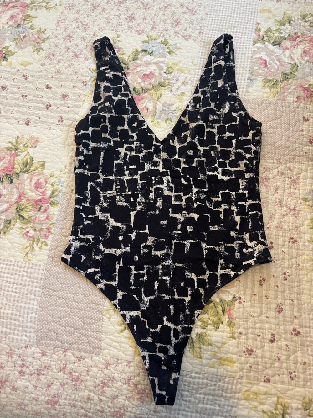 Black & White Patterned V-Neck One-Piece Bodysuit